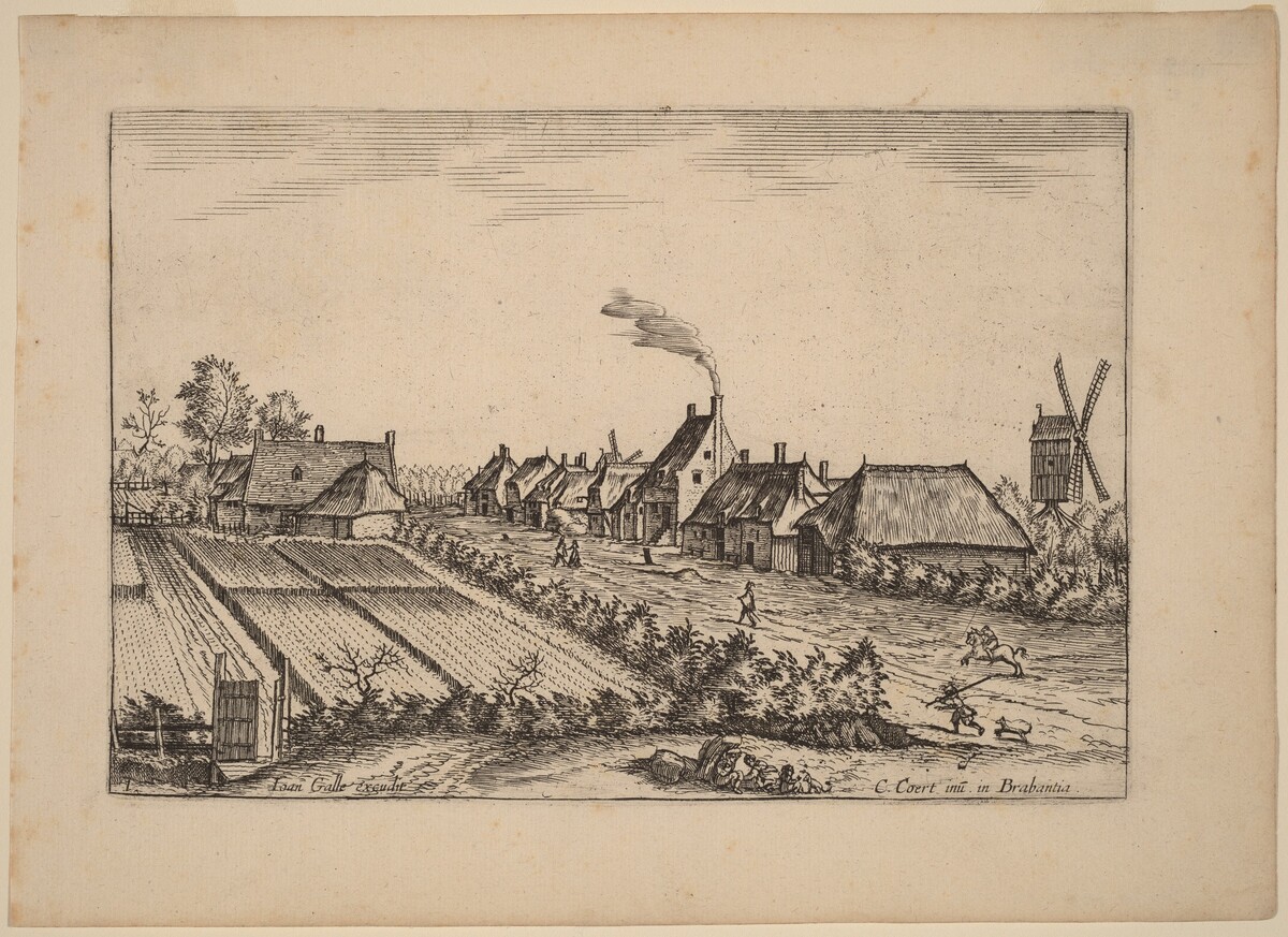 Fields and a Village Road with Post Mill by Johannes van Doetechum, the Elder and Lucas van Doetechum after Master of the Small Landscapes