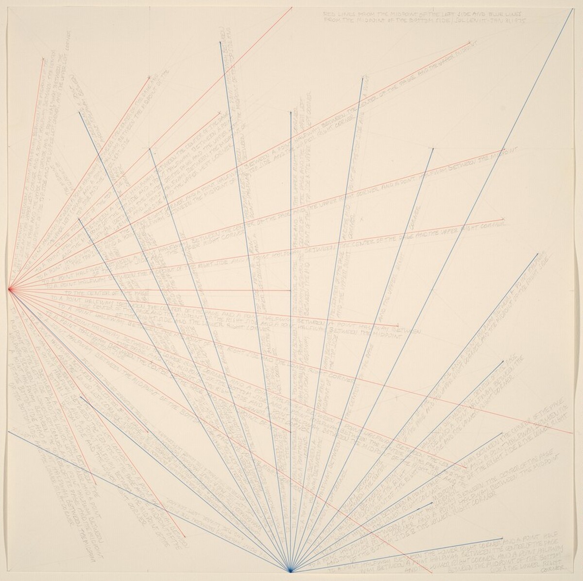 Red Lines from the Midpoint of the Left Side and Blue Lines from the Midpoint of the Bottom Side by Sol LeWitt