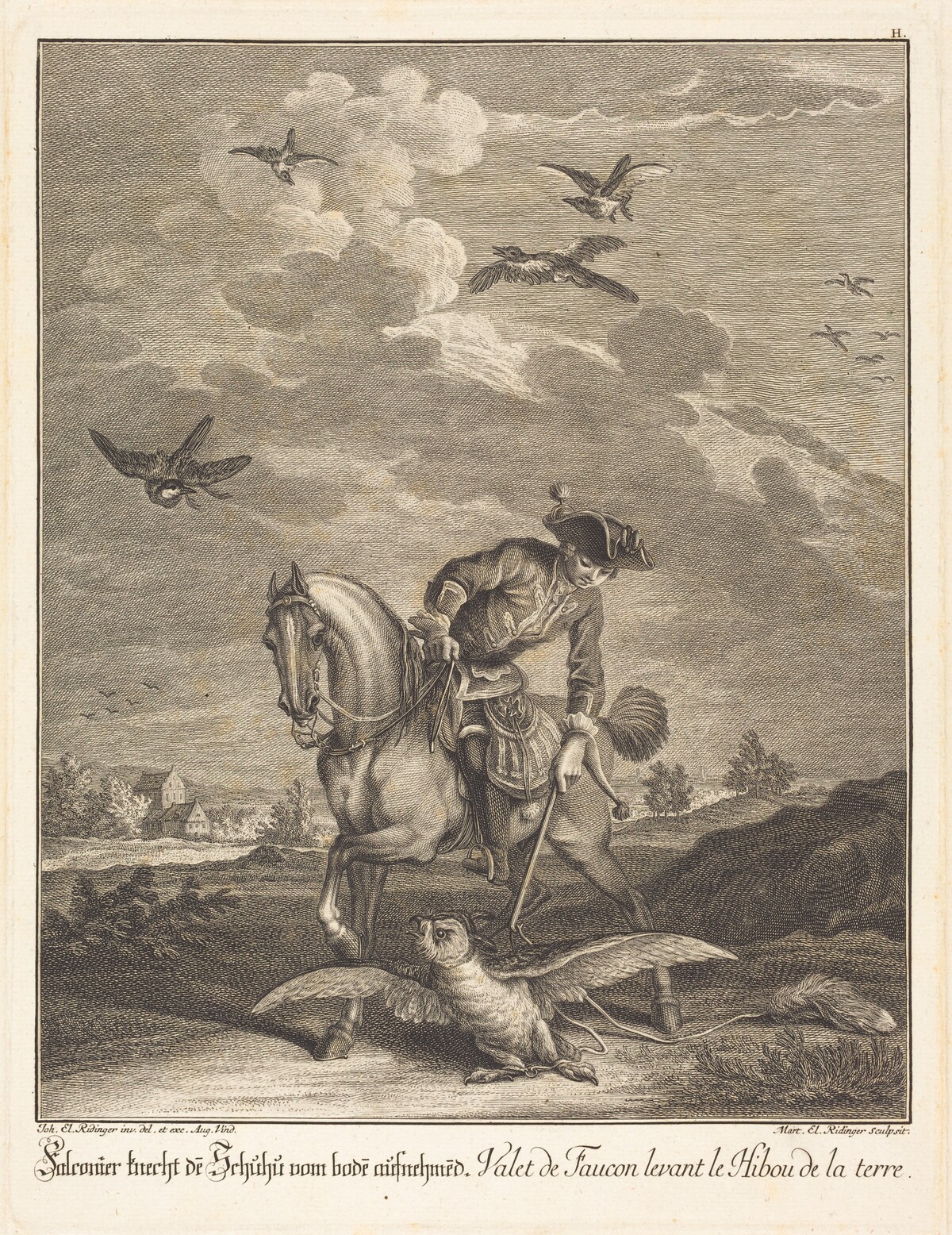 Falconeer Lifting an Owl from the Ground by Johann Elias Ridinger