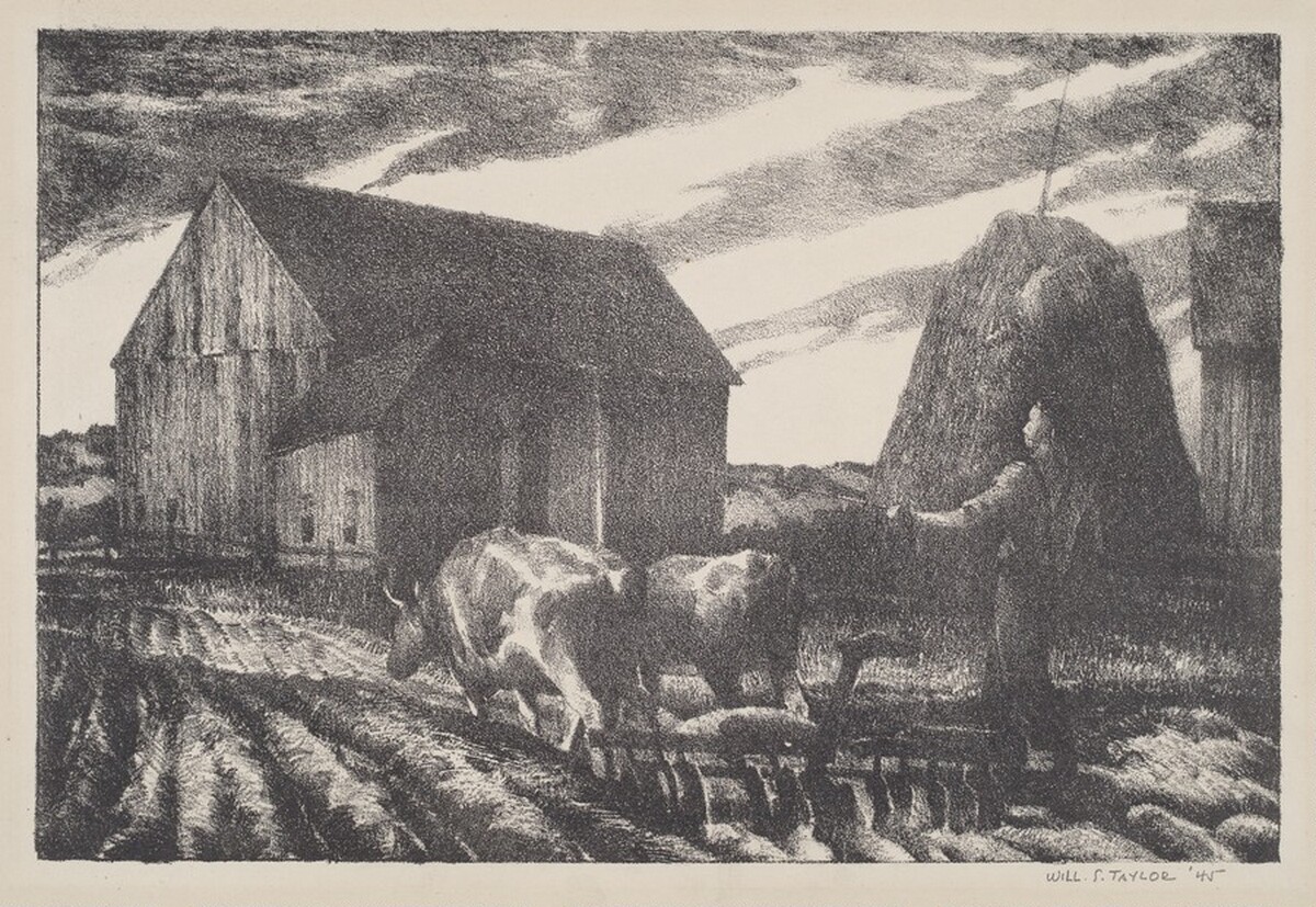 Farmyard Scene with Man Plowing by Will S. Taylor