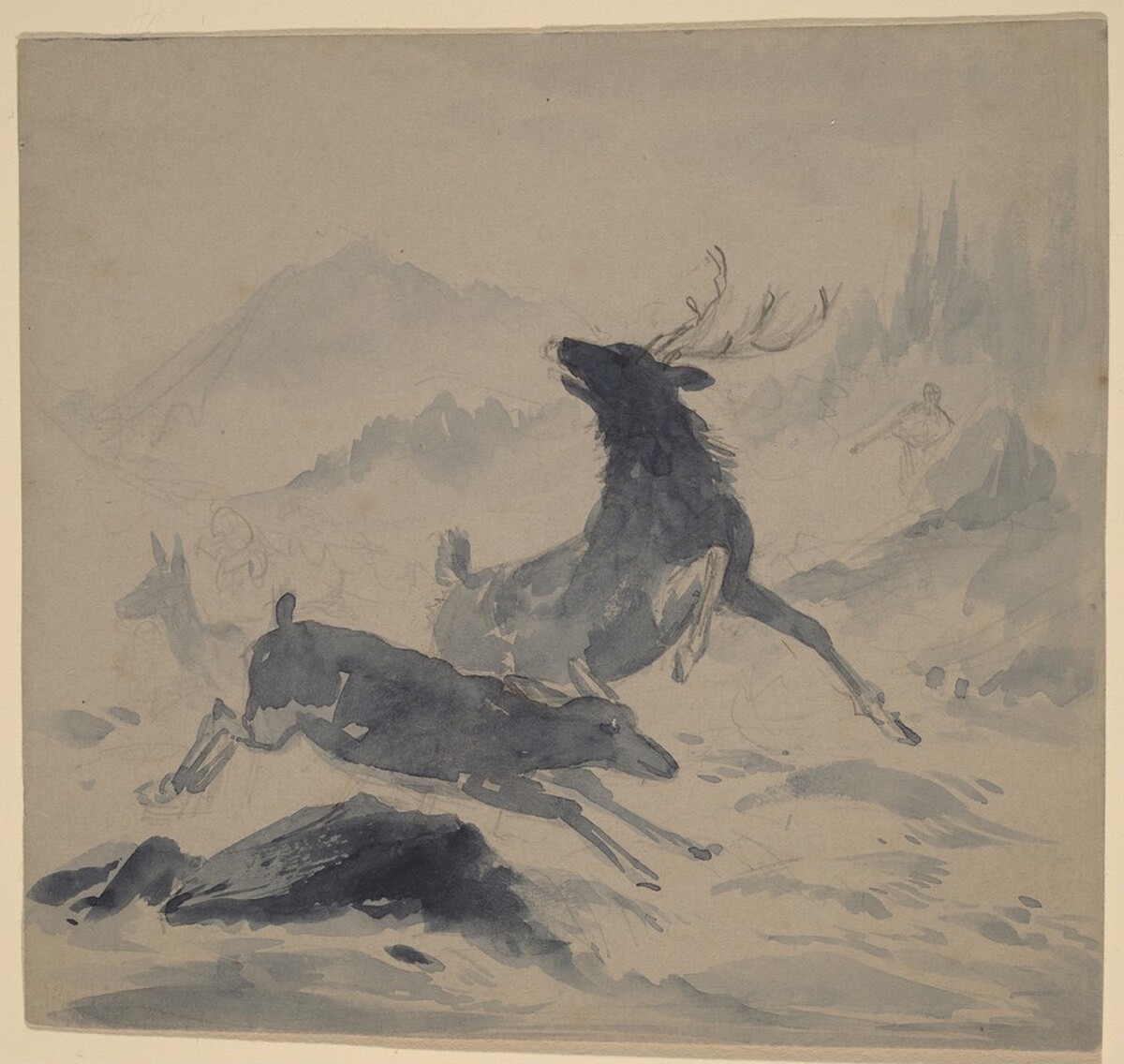 Hunter and Fleeing Deer by Thomas Moran