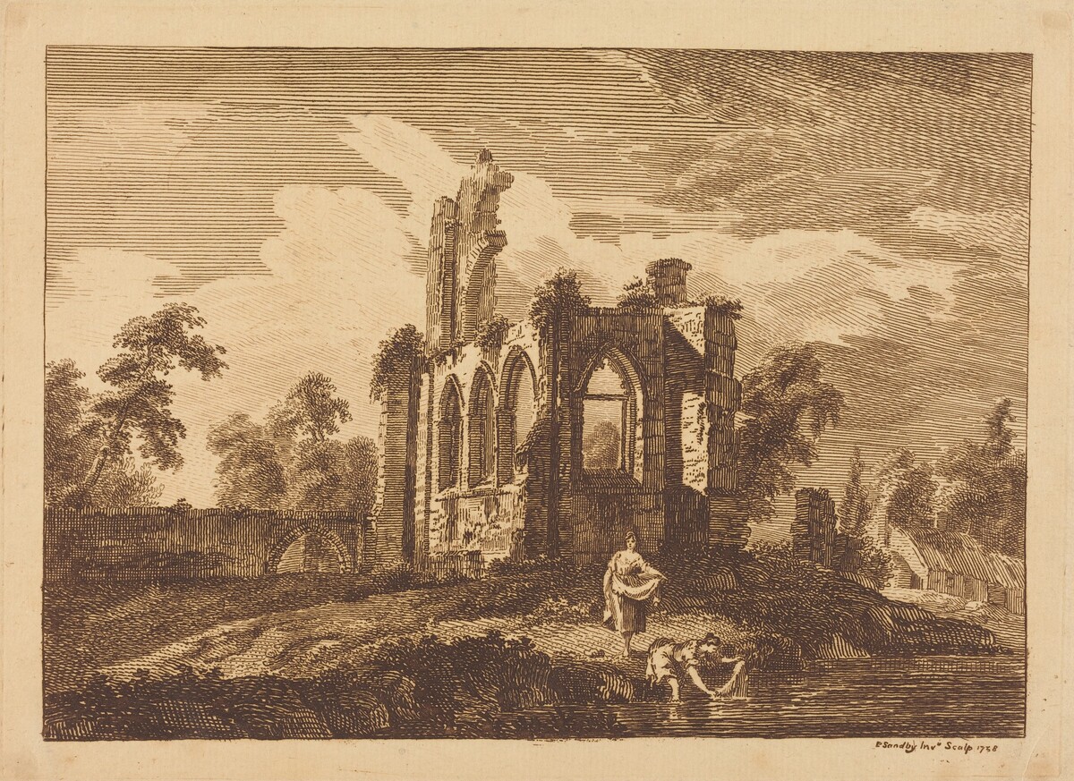 Ruins with Two Women Washing Clothes in a River by Paul Sandby