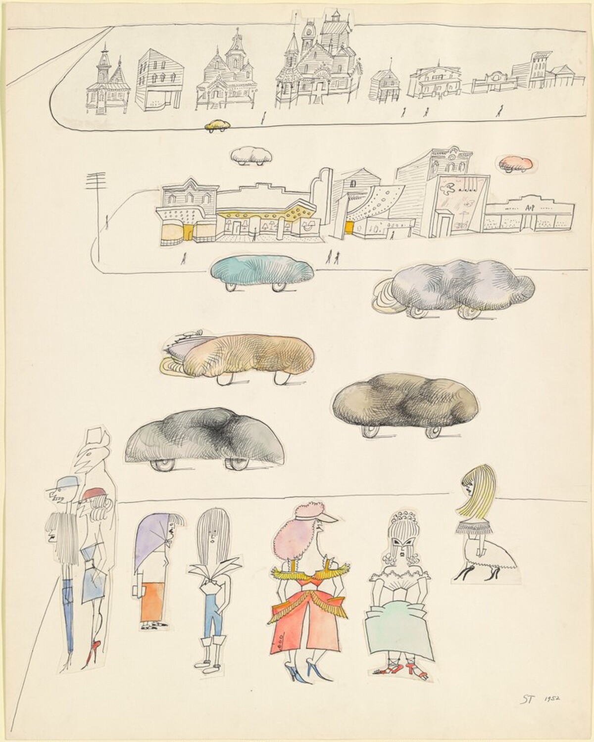 Untitled (Pedestrians and Bread Cars) by Saul Steinberg