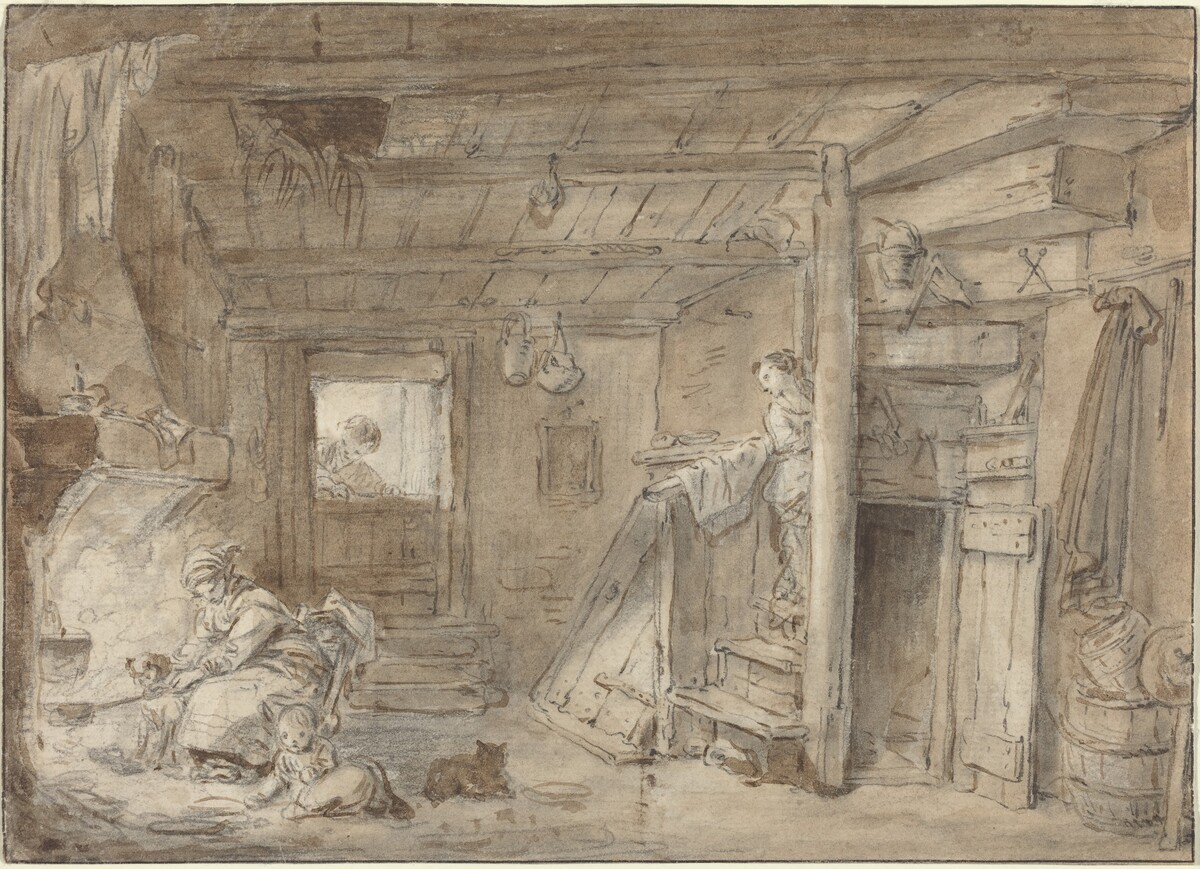 Interior of a Farmhouse with Figures by Attributed to Hubert Robert