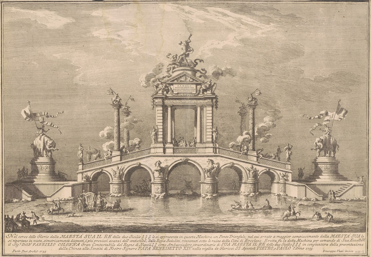 The Prima Macchina for the Chinea of 1755: A Triumphal Bridge with Antiquities from Herculaneum by Giuseppe Vasi, after Paolo Posi