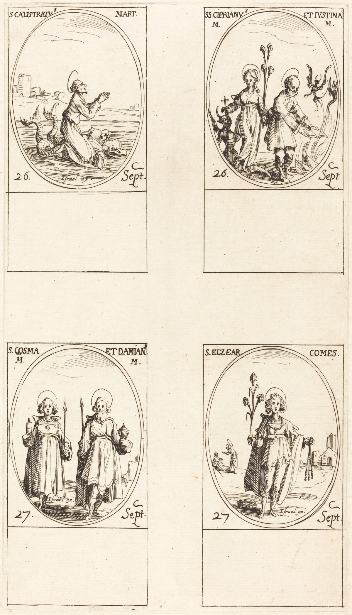 St. Calistratus; Sts. Cyprian and Justina; Sts. Comus and Damian; St. Elzear, Count by Jacques Callot