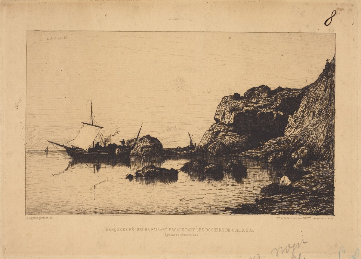 Barque de pecheurs faisant escale dans les rochers de Collioure by Adolphe Appian