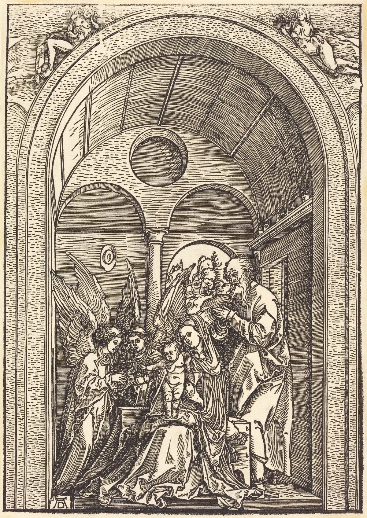 The Holy Family with Two Angels in a Vaulted Hall by Albrecht Dürer
