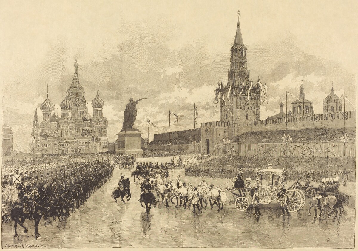 Le Couronnement du Tzar.  Le Cortège imperiale traverse la Place Royale by Auguste Lepère and Auguste Gérardin