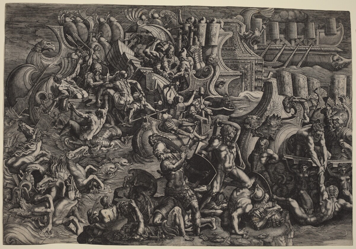 The Trojans Repulsing the Greeks by Giovanni Battista Scultori, after Giulio Romano