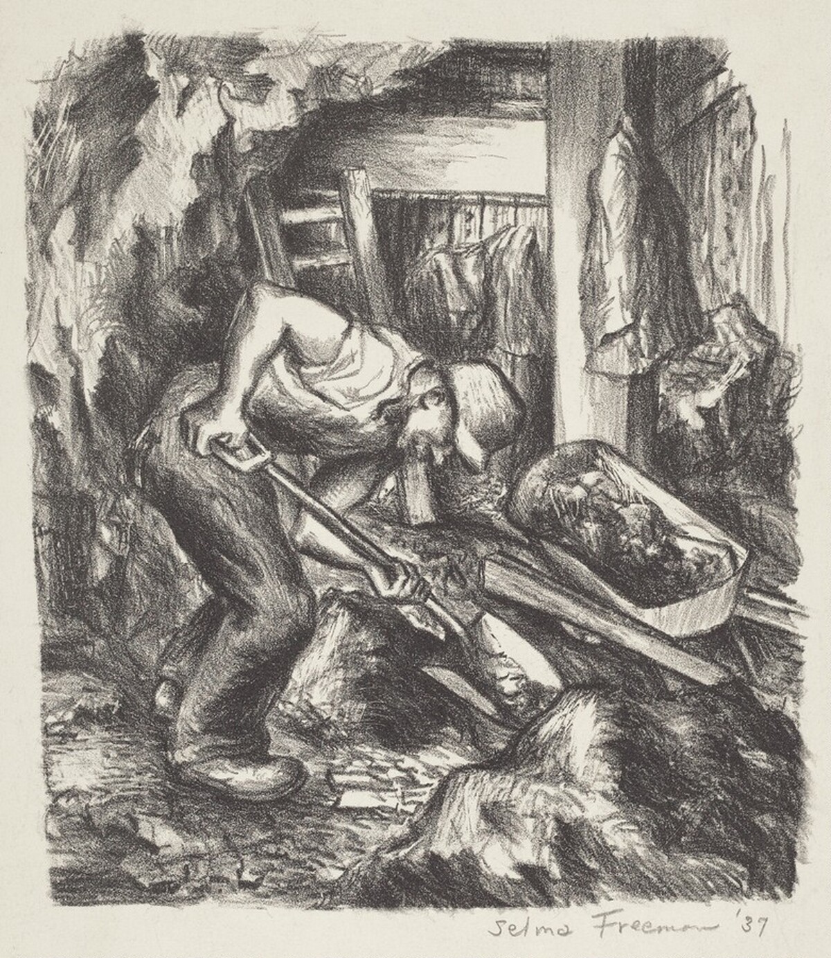 Untitled (Man Digging in Cellar or Mine) by Selma Freeman
