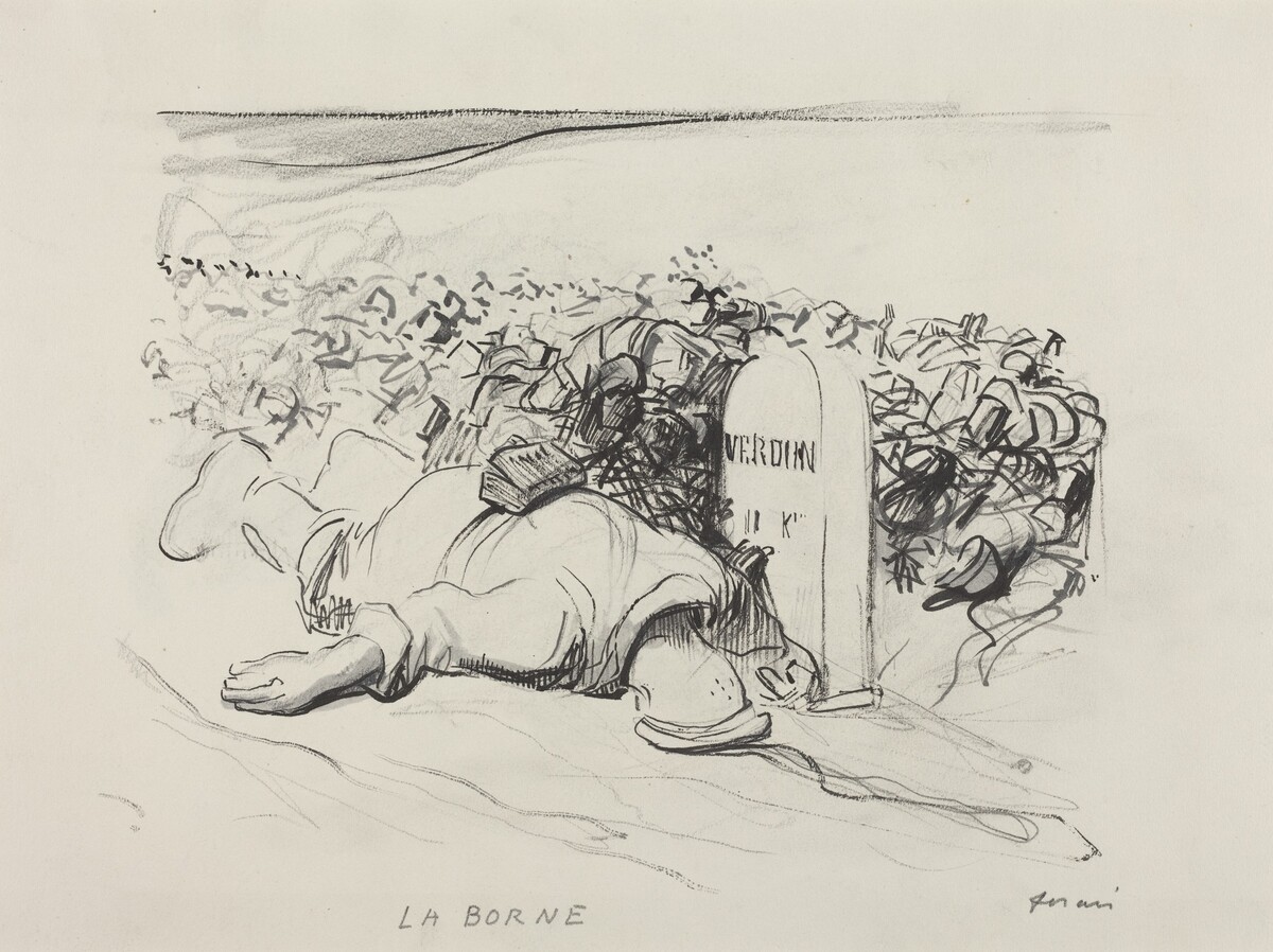 a) La Borne, Verdun (recto); b) Wounded Soldier and First-Aid Man (verso) by Jean-Louis Forain