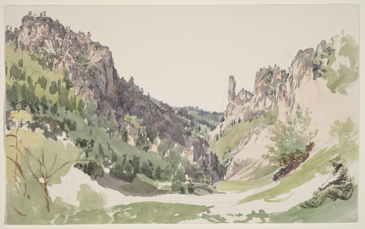 A Seated Man Contemplating a Sunlit Mountain Valley by Jakob Alt