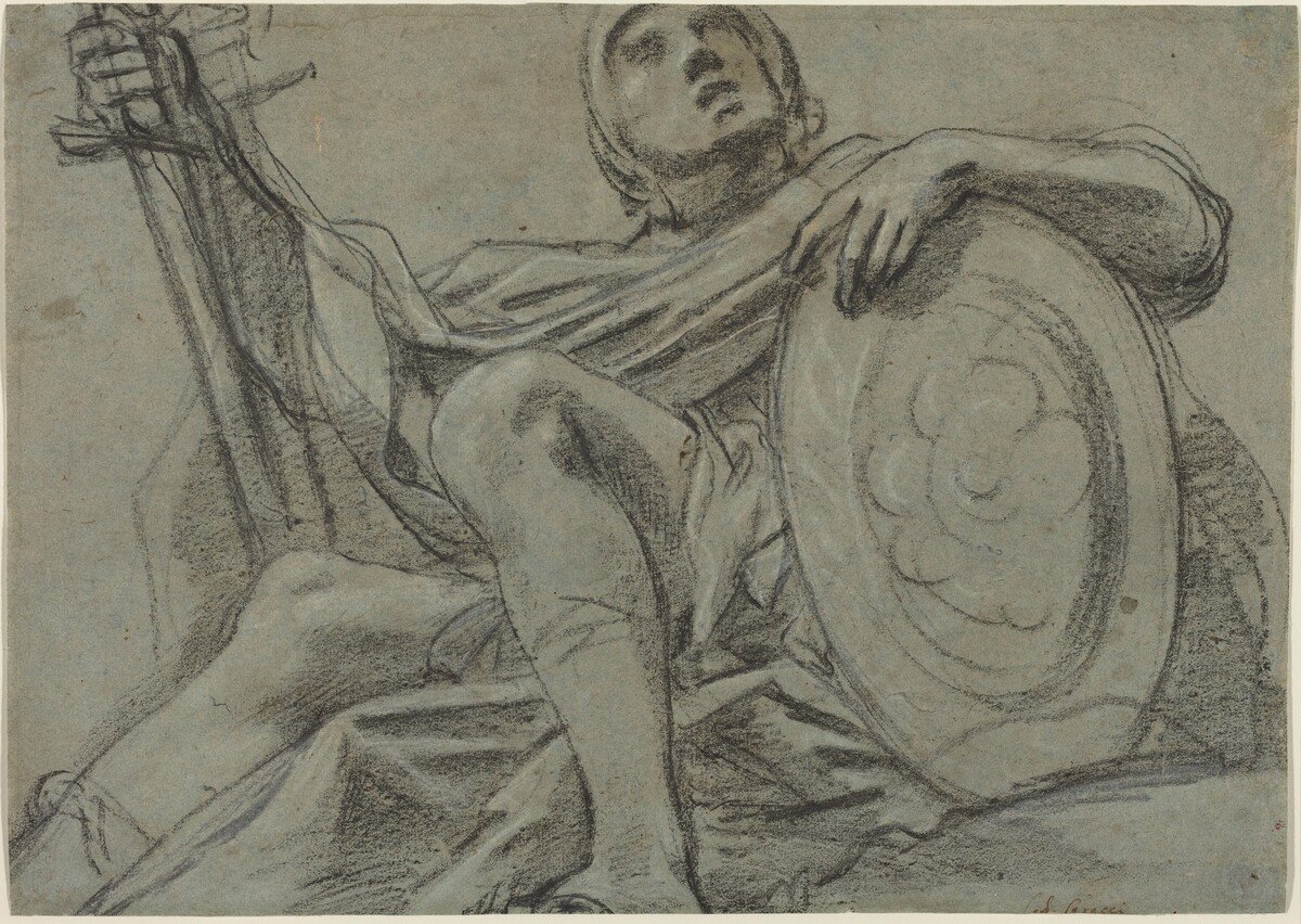 Seated Warrior Holding a Sword and Shield [recto] by Giacomo Cavedone