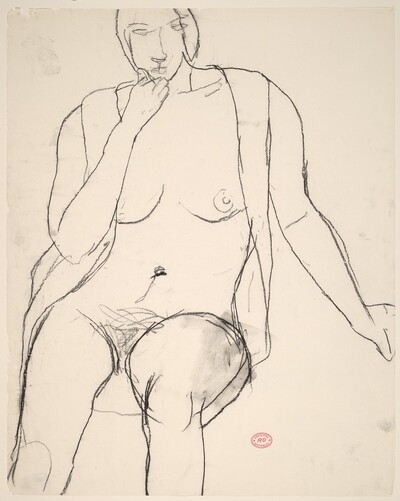 Untitled [seated female nude with open shirt]