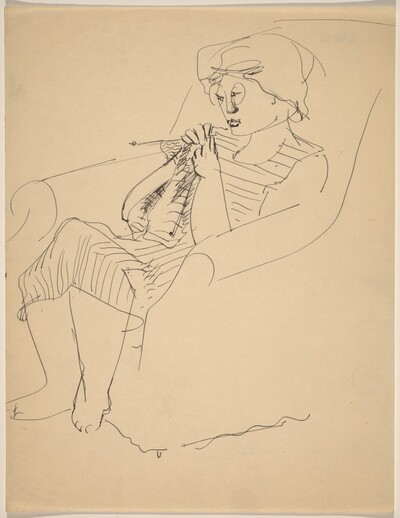 Barefoot Woman with Eyeglasses, Knitting
