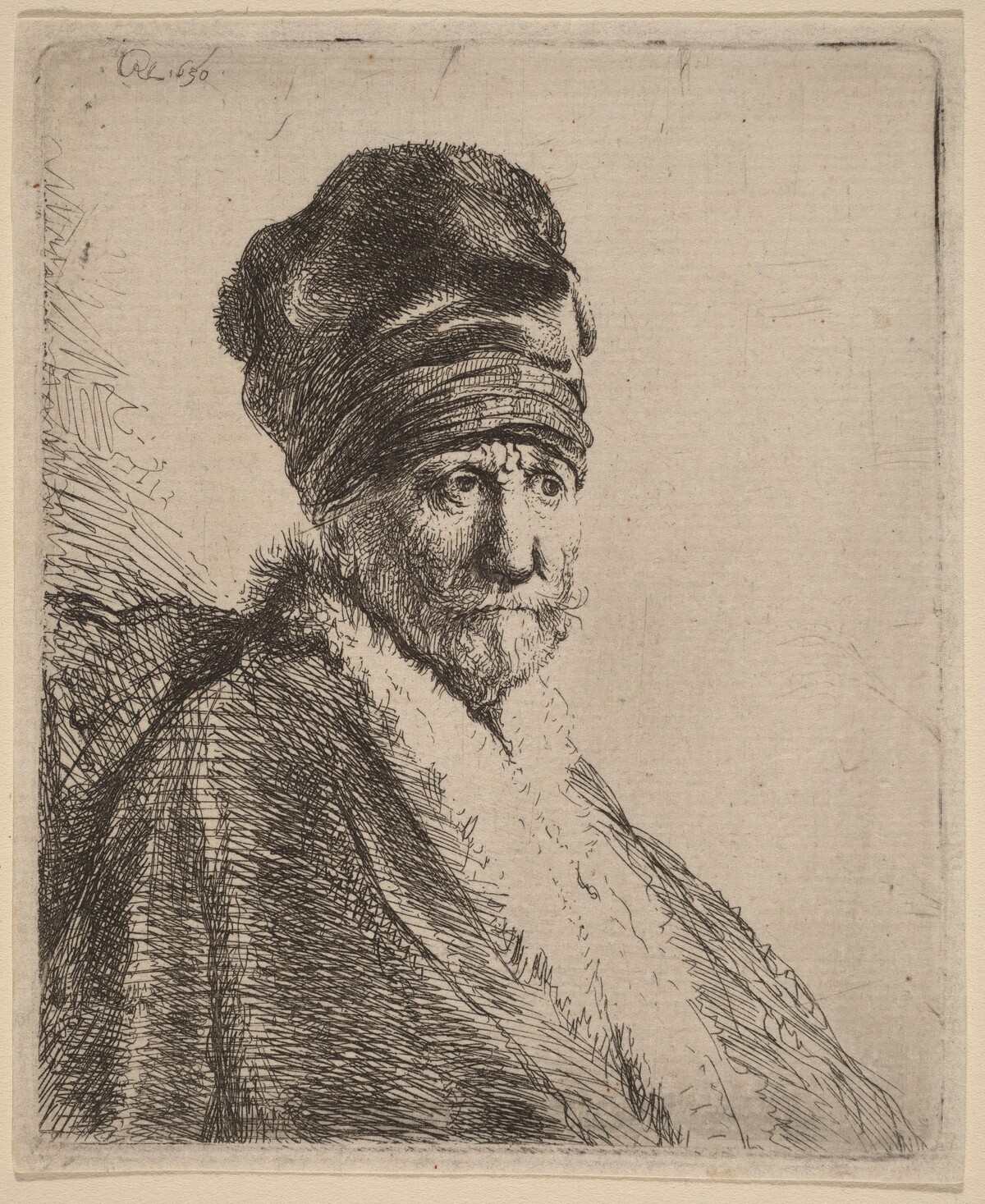 Bust of a Man Wearing a High Cap, Three-Quarters Right (The Artist's Father?) by Rembrandt van Rijn