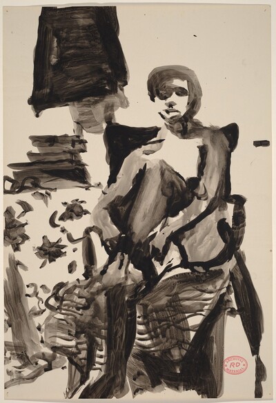 Untitled [seated nude adjusting her black stocking]