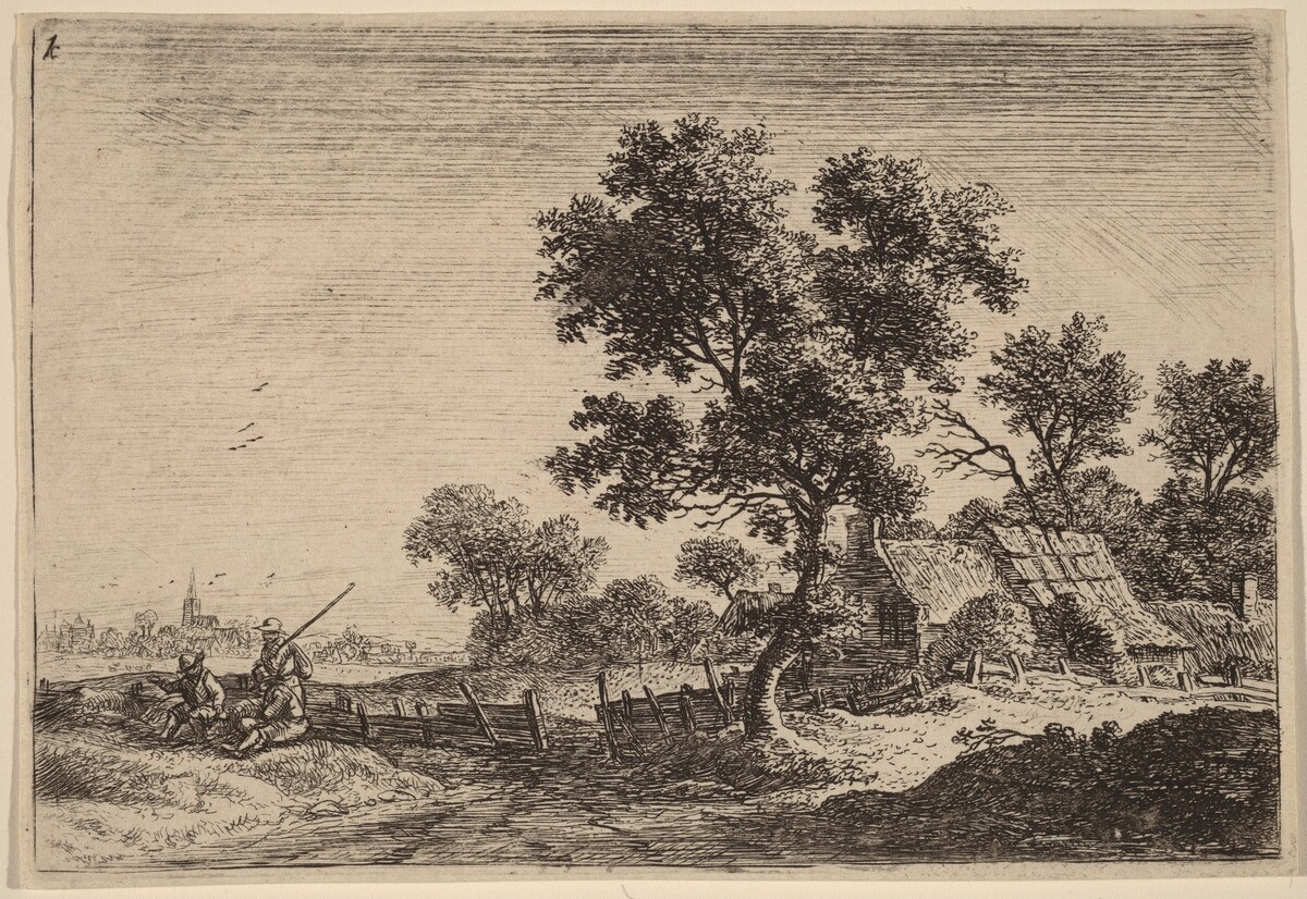 Three Peasants on a Knoll outside a Hamlet by Anthonie Waterloo