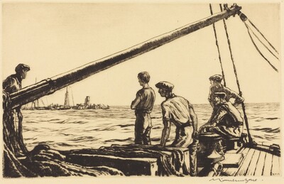 Salvage Men Approaching a Torpedoed Ship