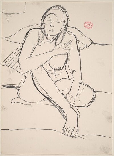Untitled [female nude seated in front of a bed]