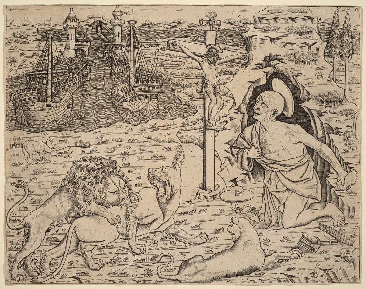 Saint Jerome in Penitence, with Two Ships in a Harbor by Italian 15th Century