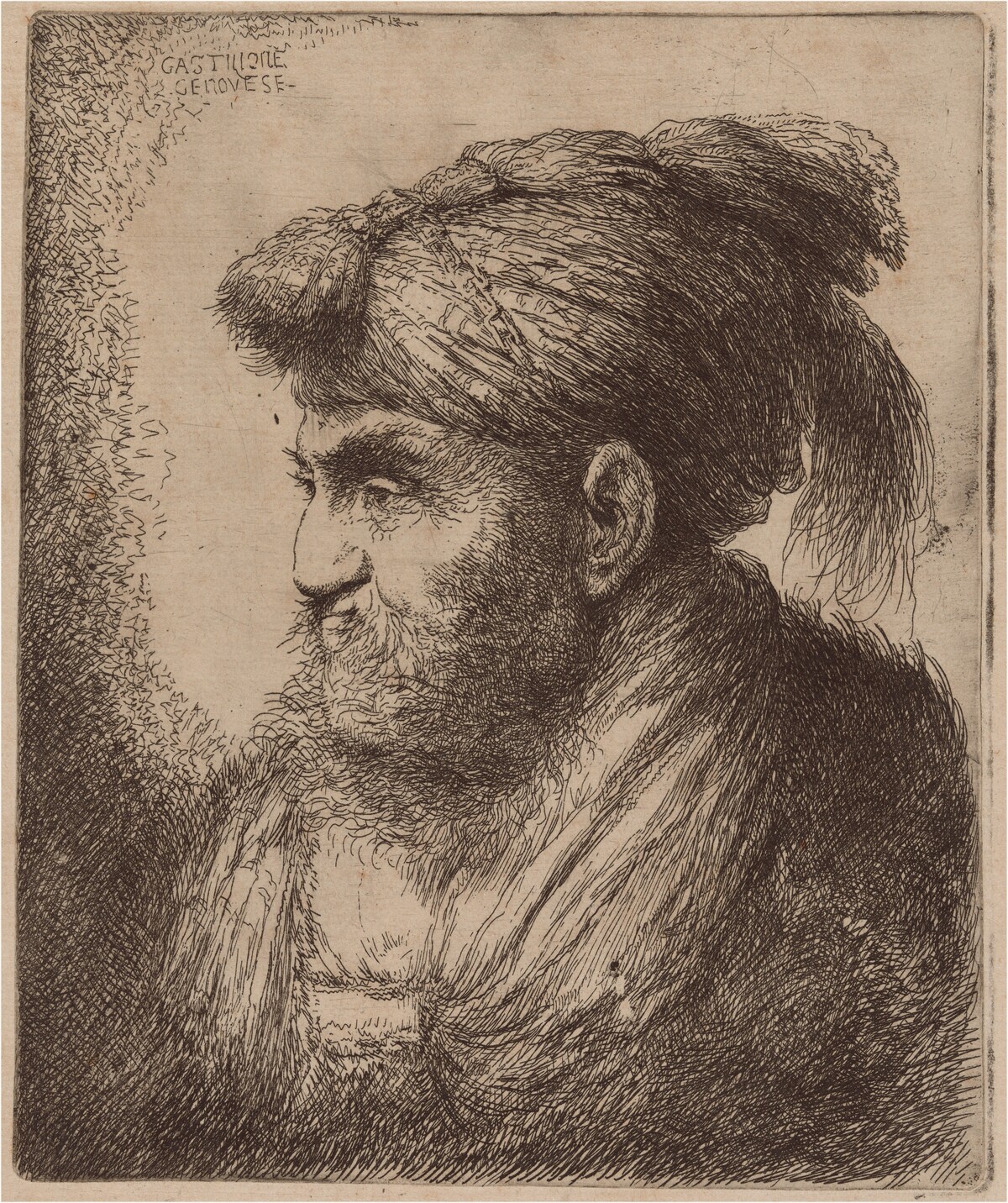 Man with a Beard and a Tassled Headdress, Facing Left by Giovanni Benedetto Castiglione