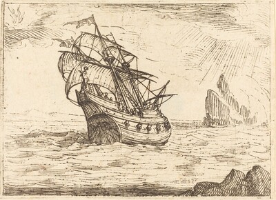 Ship Navigating Near Rocks