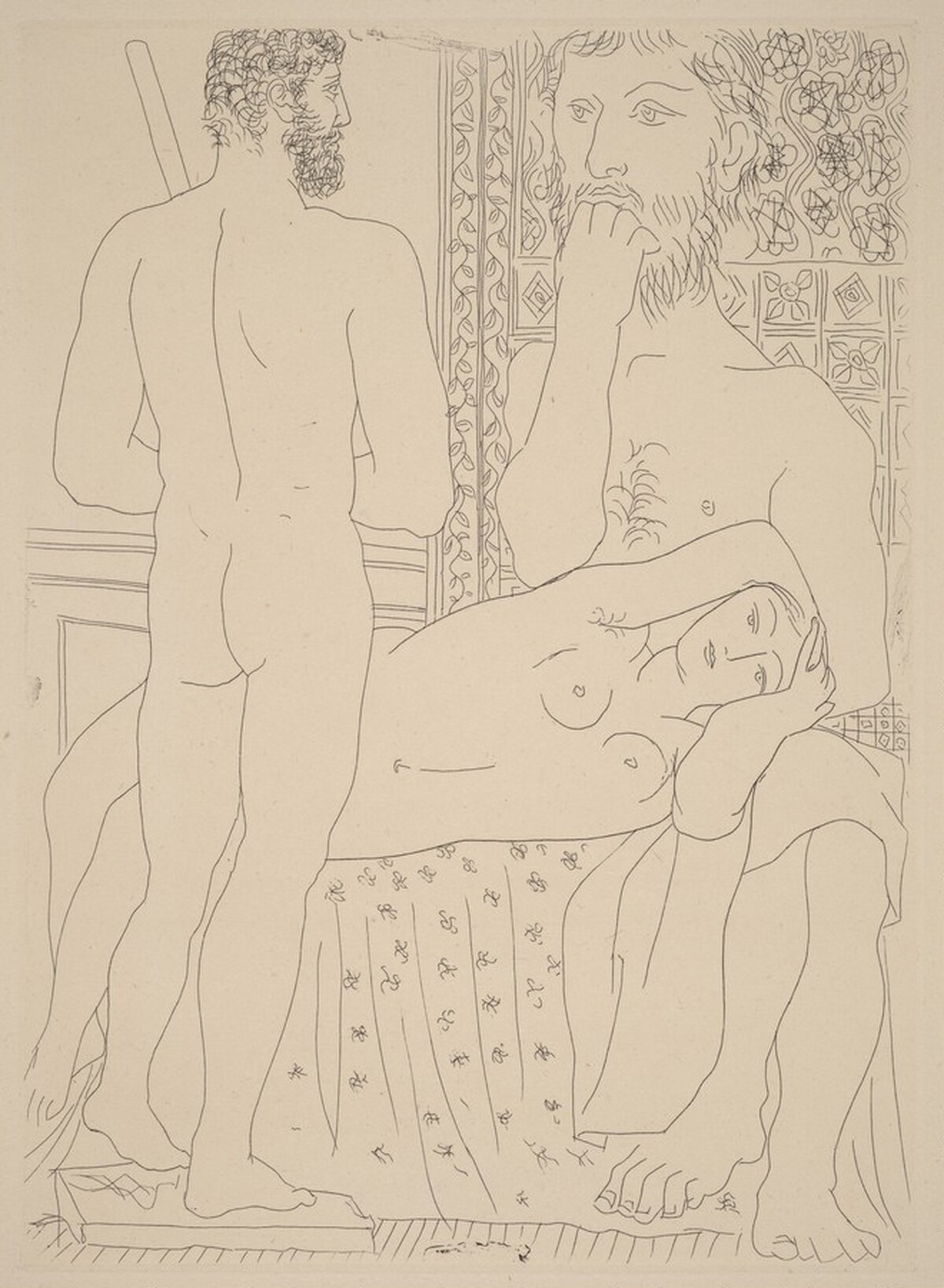 Sculptor, Reclining Model, and Self-Portrait in the Form of a Sculpted Hercules (Sculpteur, modèle couché et autoportrait en Hercule sculpté) by Pablo Picasso