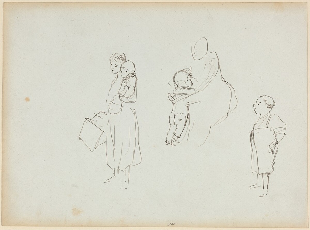 a) Three Sketches of Women and Children (recto); b) Bearded Man on Horseback (verso) by Jean-Louis Forain