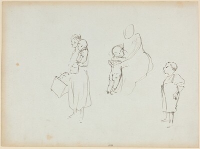 a) Three Sketches of Women and Children (recto); b) Bearded Man on Horseback (verso)