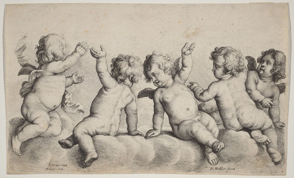 Three Cherubs and Two Boys on Clouds by Wenceslaus Hollar, after Peeter van Avont