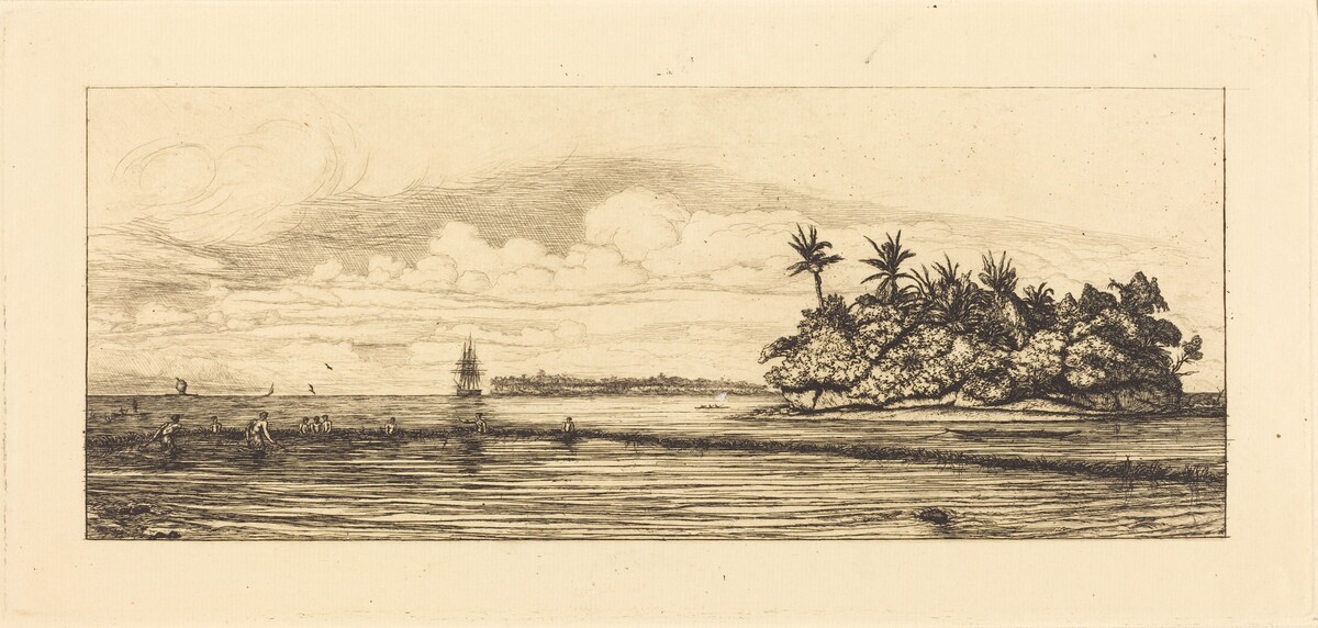 Océanie, ilots à Uvea (Wallis); Peche aux palmes, 1845 (Oceania: Fishing, Near Islands with Palms in the Uea or Wallis Group) by Charles Meryon