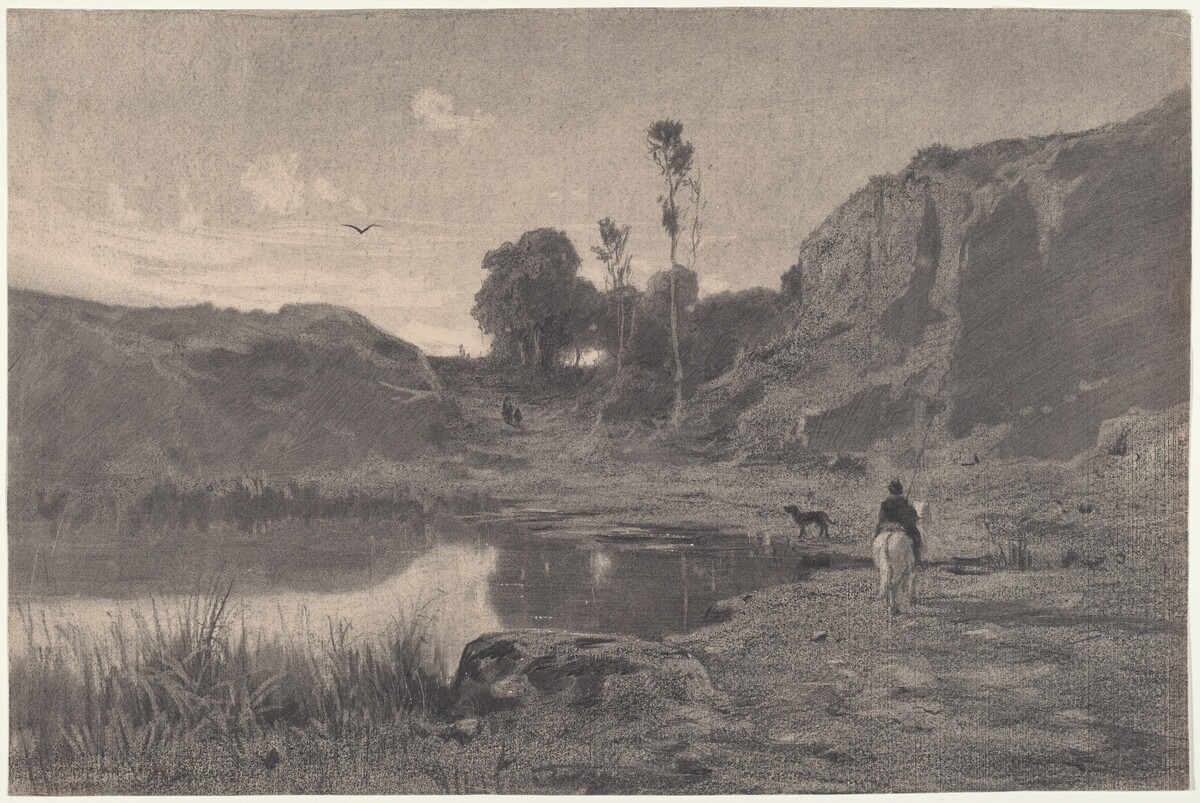 A Rider by a Mountain Pond at Sunset by Adolphe Appian