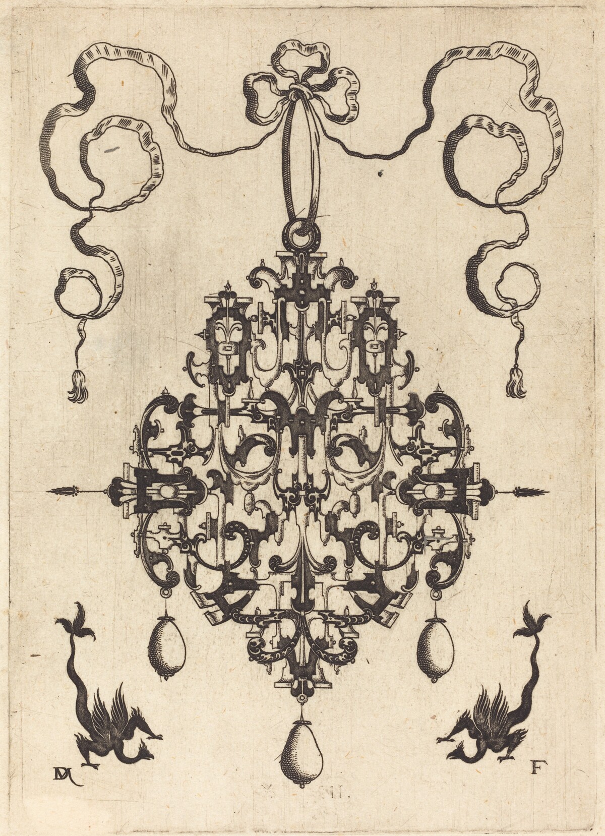 Large Pendant, Two Fantasy Creatures with Long Tails at Bottom by Daniel Mignot