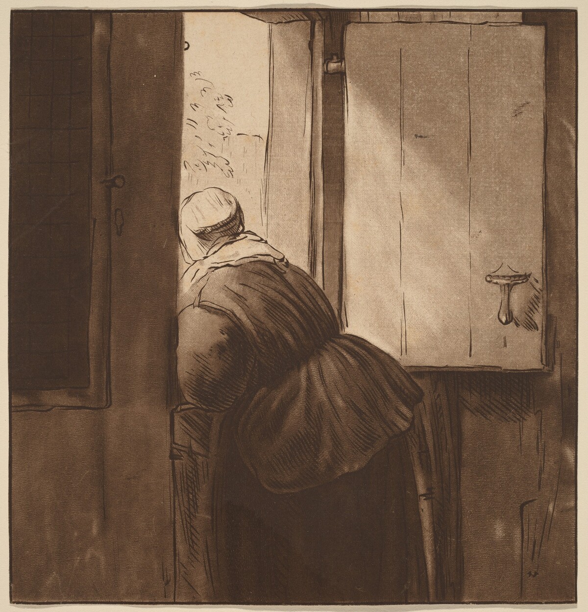 Woman Leaning over a Lower Door by Cornelis Ploos van Amstel, after Nicolaes Maes (formerly Rembrandt van Rijn)