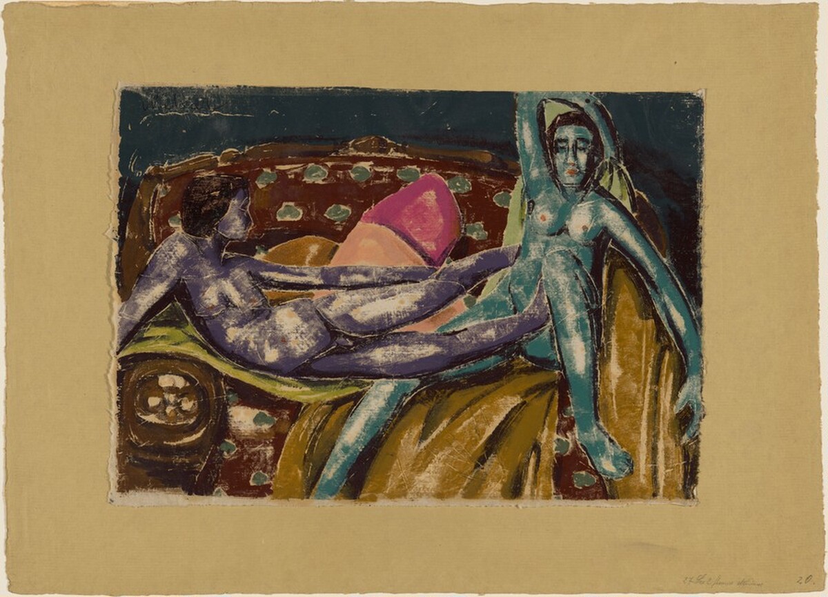 Two Female Nudes on a Couch by Moriz Melzer