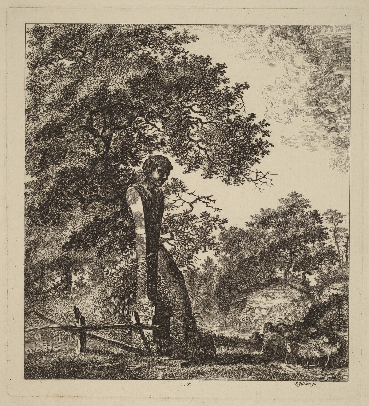 Wooded Landscape with a Herd of Goats and a Herm by Salomon Gessner