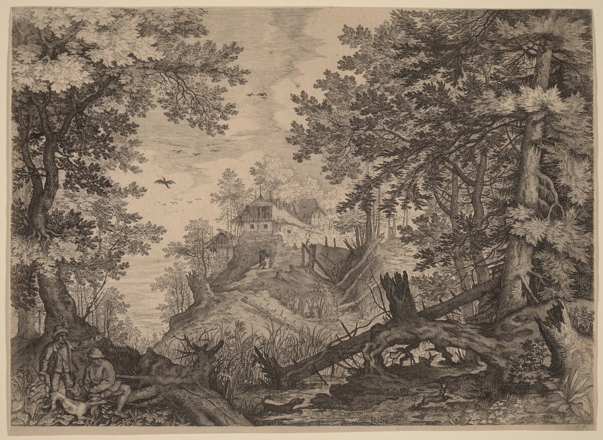 Woodland Scene with Two Hunters and a Dog to the Left by Aegidius Sadeler II after Roelandt Savery