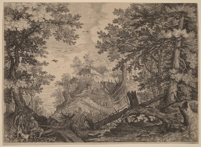 Woodland Scene with Two Hunters and a Dog to the Left