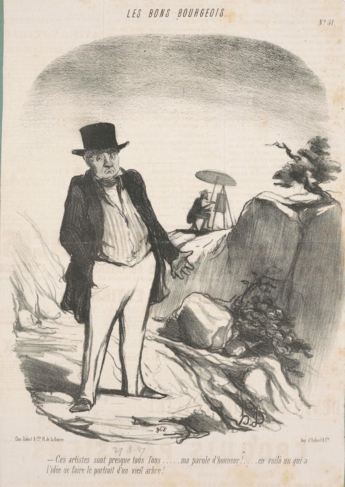 Ces artistes sont presque tous fous . . . Ma parole d'honneur!  . . . En voilà un qui a l'idée de faire le portrait d'un vieil arbre! by Honoré Daumier