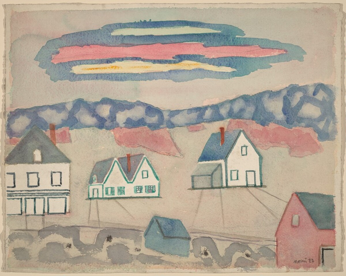 Three Houses, Barn and Chicken Coop, Stonington, Maine by John Marin