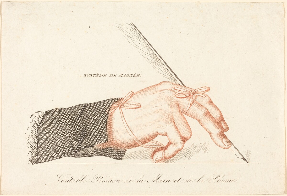 Copy of "Système de Magnée - Veritable Position de la Main et de la Plume" from François Magnée's
"Le Parfait calligraphe, ou Méthode pour apprendre soi-même a écrire en peu de leçons"
 by French 19th Century