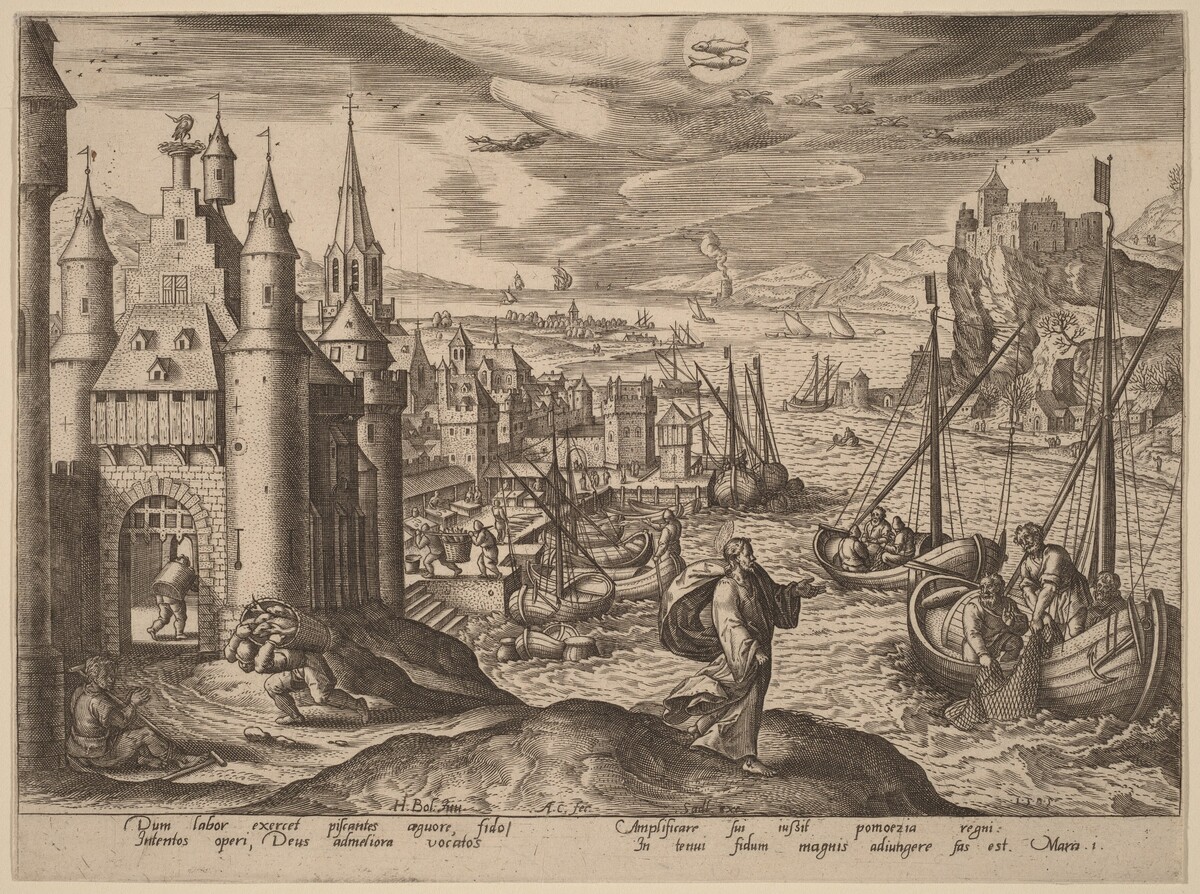 Jesus Calling the Apostles Among the Fishermen by Adriaen Collaert after Hans Bol