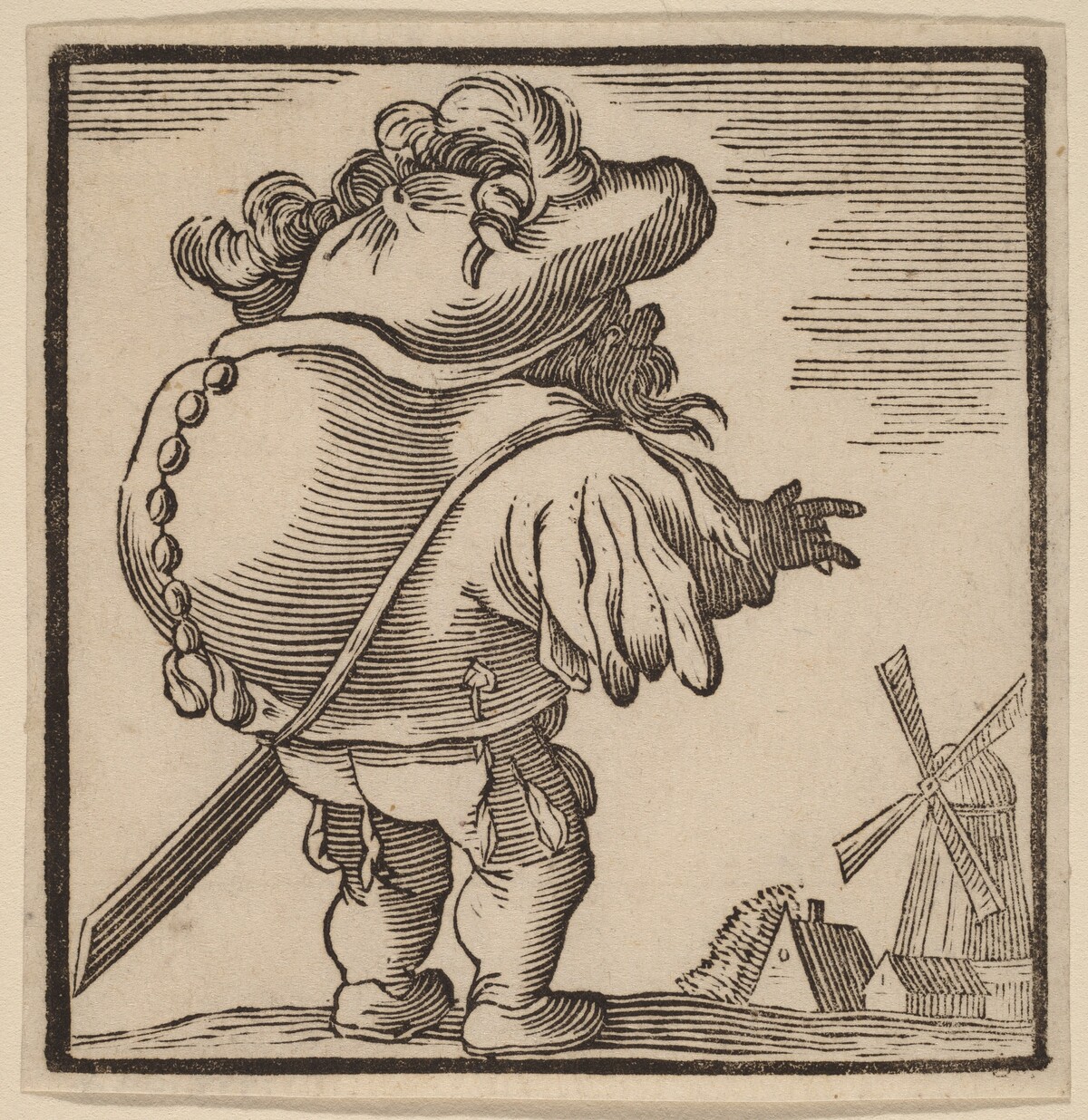 Hunchback Gazing at a Windmill by H. Numan after Jacques Callot