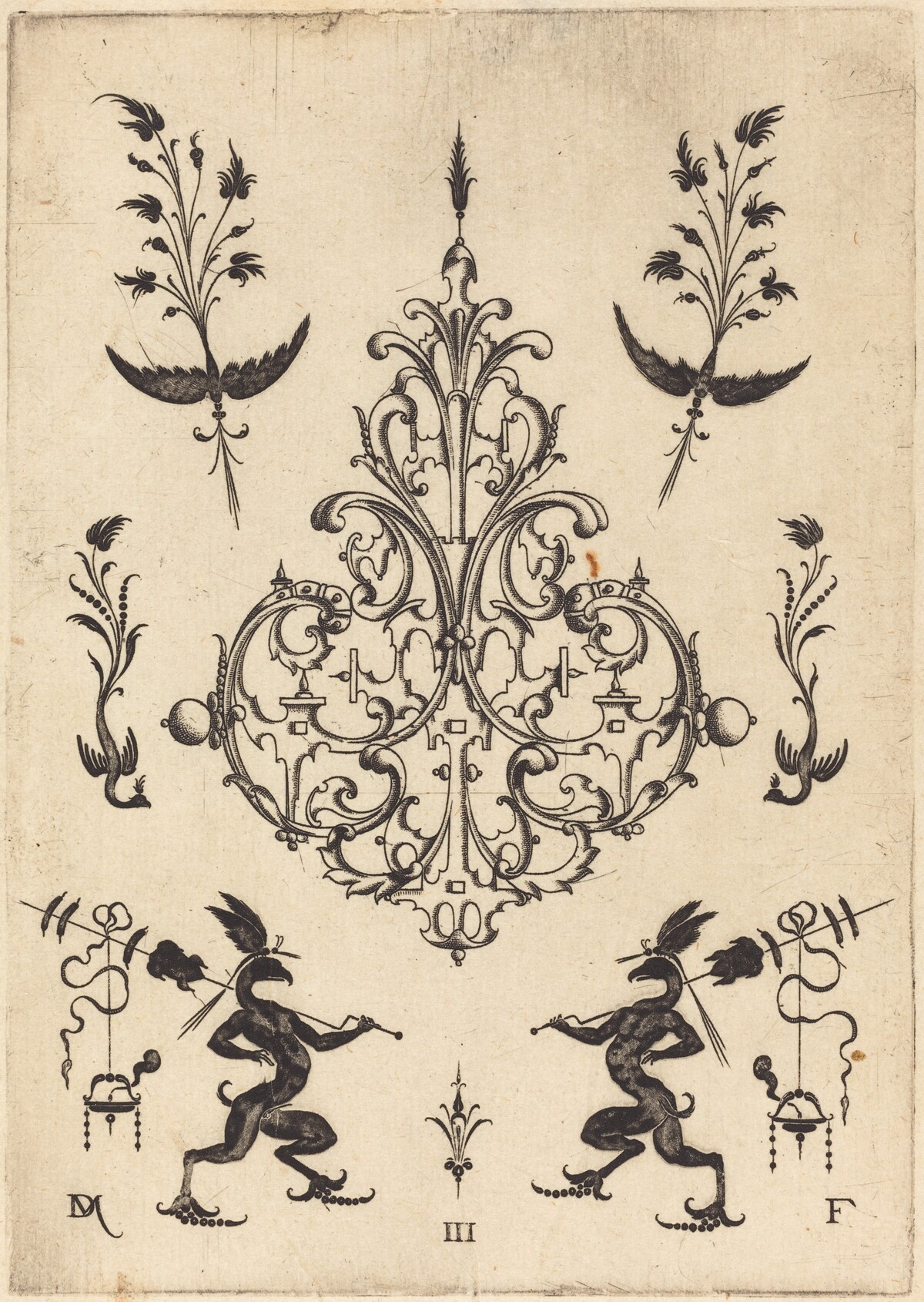 Brooch with Sprigs at Top and Griffins with Trophies at Bottom by Daniel Mignot