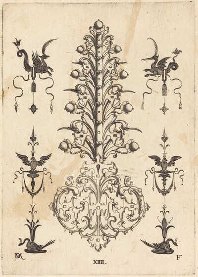 Hyacinth-Shaped Brooch with Winged Animals  at Top and Crouching Swans at Bottom
