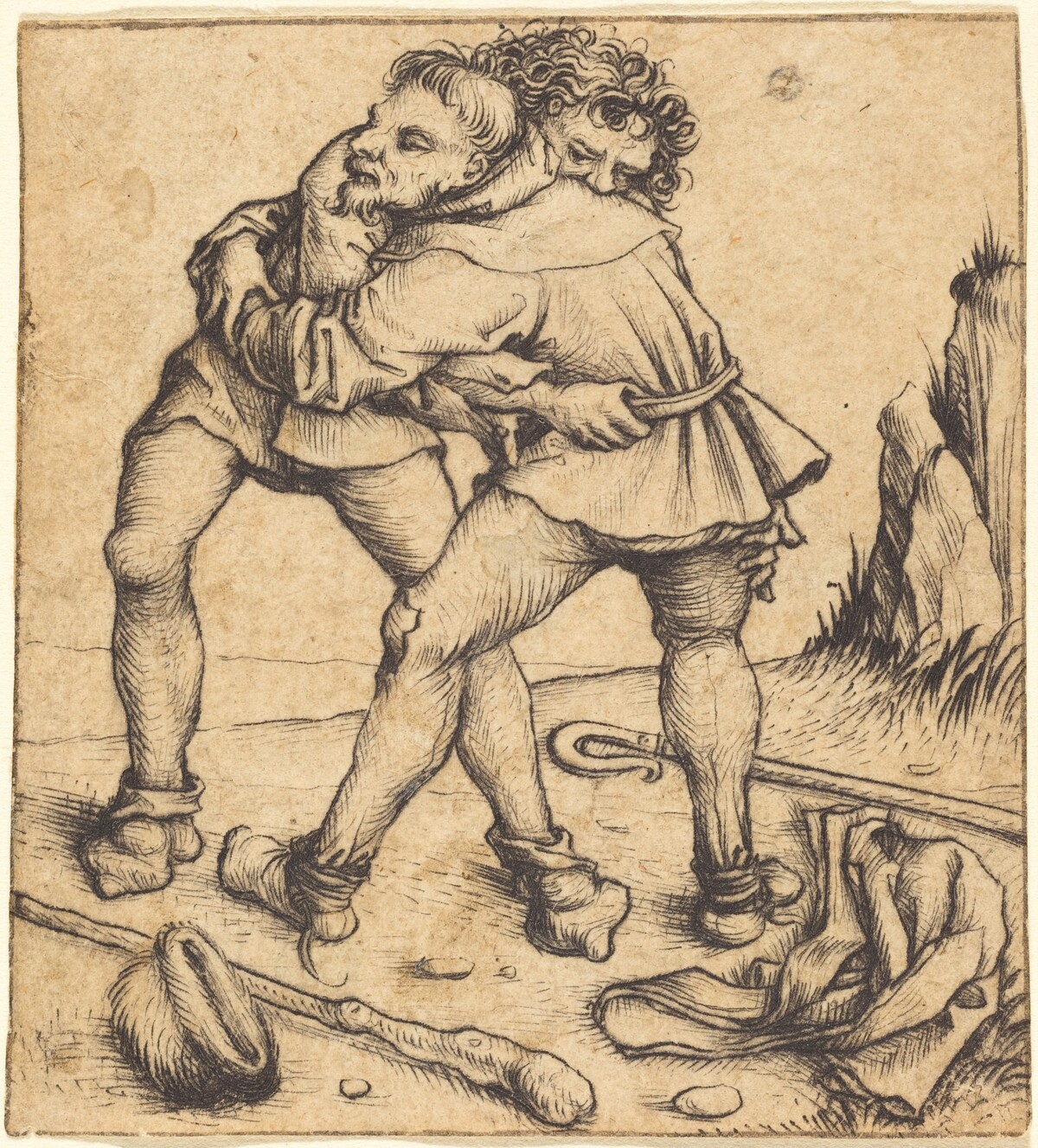 Two Peasants Fighting by Master of the Housebook