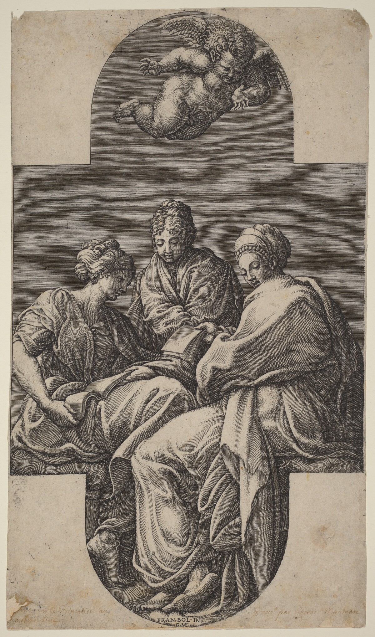 Three Muses and a Gesturing Putto by Giorgio Ghisi after Francesco Primaticcio