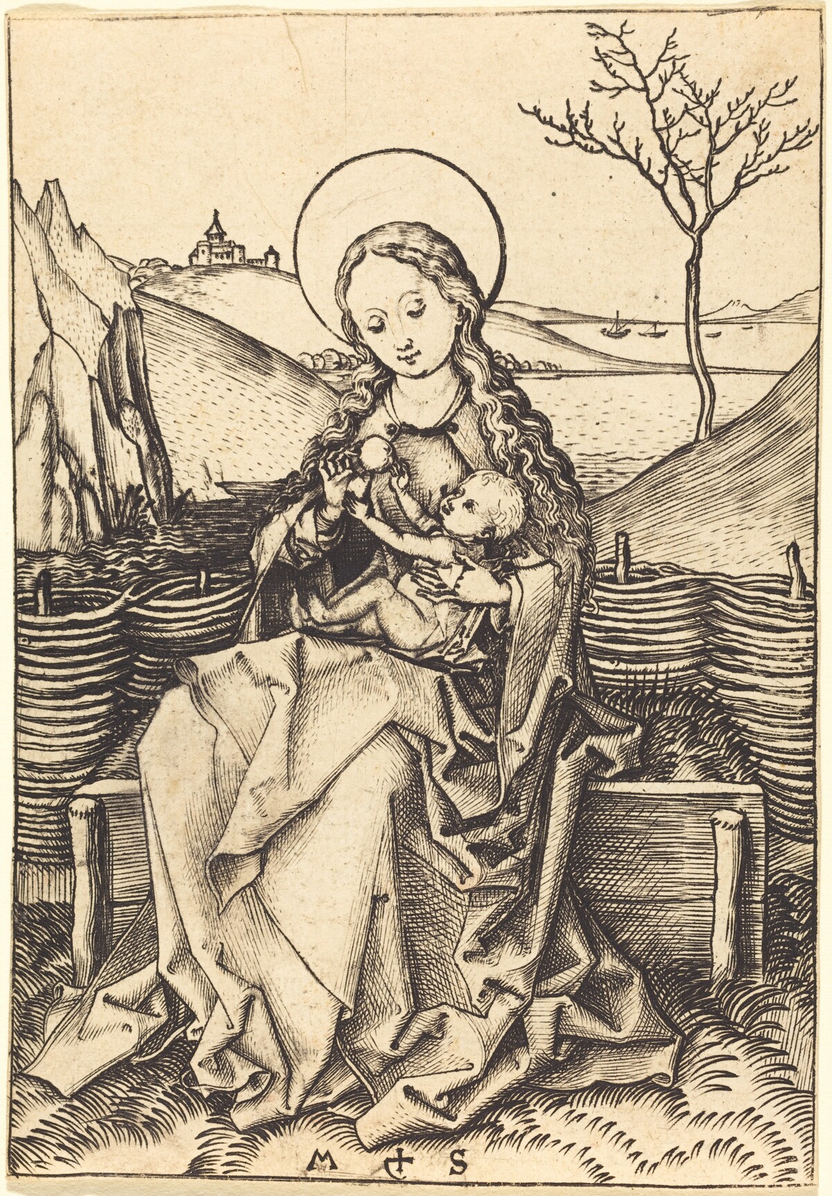 Virgin and Child on a Grassy Bench by Martin Schongauer